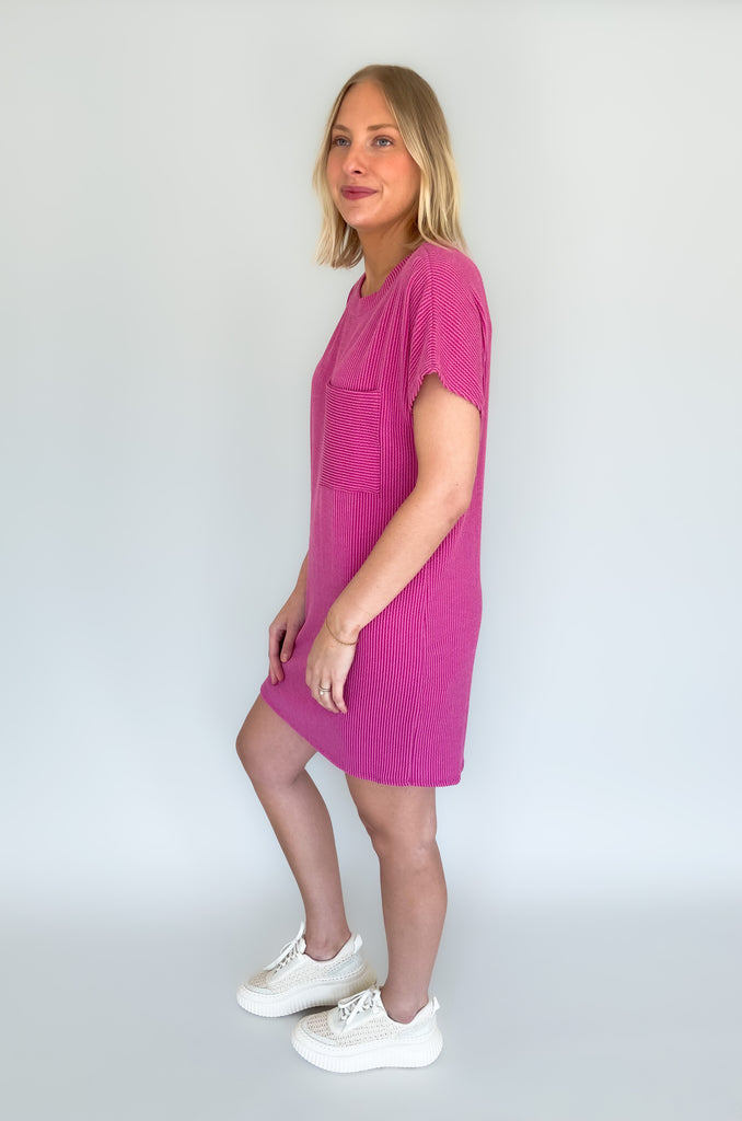 This ribbed shirt dress is a stylish way to stay comfortable. The short sleeves and front pocket make it practical and ideal for everyday wear, while the ribbed fabric gives it a unique and fashionable look. Add to your outfit with our Dee Denim Jacket for a layered look! Show off your style with the Jump on In Ribbed Shirt Dress! 