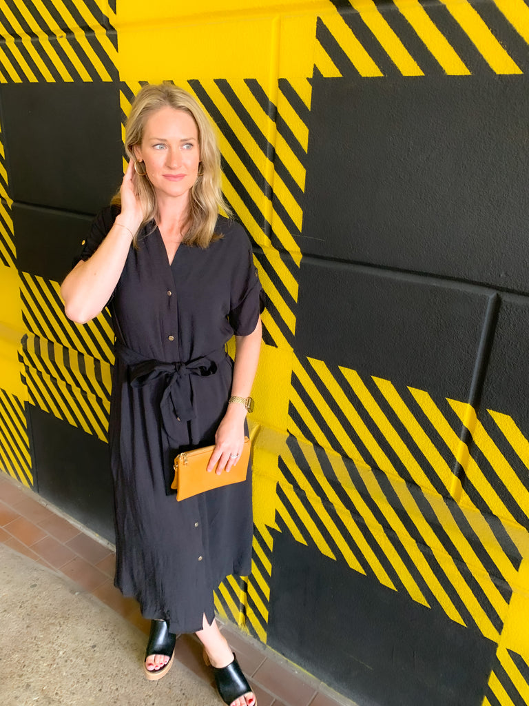 short sleeve long midi dress with gold button details, cuffed sleeves, and a waist belt-available in black and forest green
