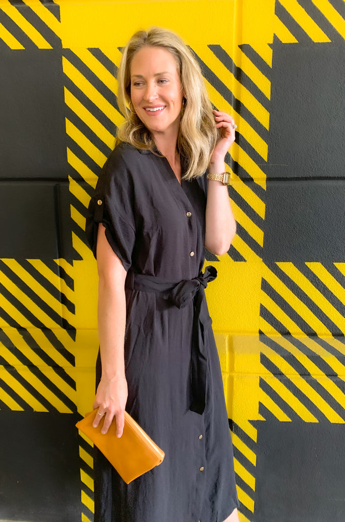 short sleeve long midi dress with gold button details, cuffed sleeves, and a waist belt-available in black and forest green