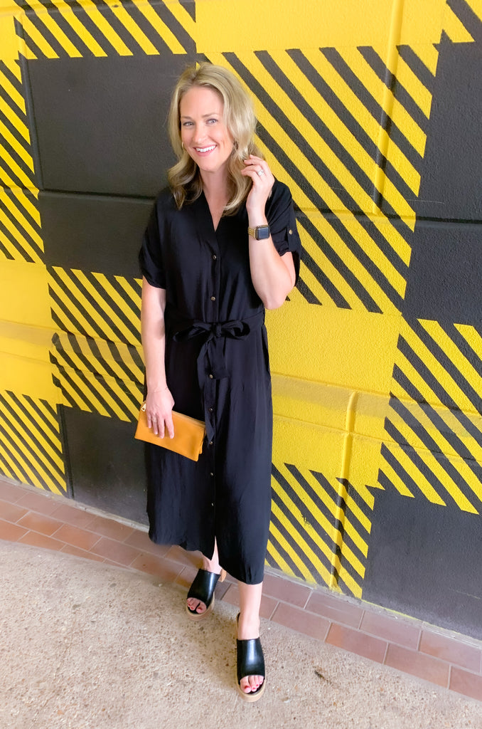short sleeve long midi dress with gold button details, cuffed sleeves, and a waist belt-available in black and forest green