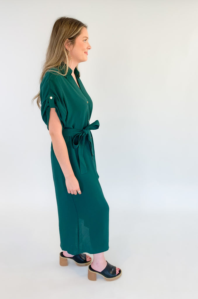 short sleeve long midi dress with gold button details, cuffed sleeves, and a waist belt-available in black and forest green