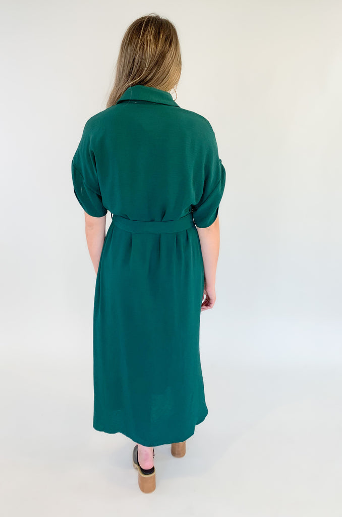 short sleeve long midi dress with gold button details, cuffed sleeves, and a waist belt-available in black and forest green