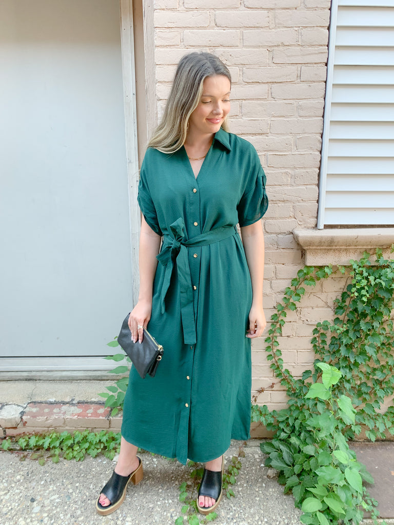 short sleeve long midi dress with gold button details, cuffed sleeves, and a waist belt-available in black and forest green
