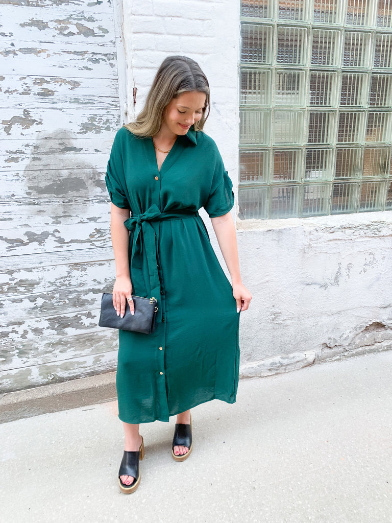 short sleeve long midi dress with gold button details, cuffed sleeves, and a waist belt-available in black and forest green