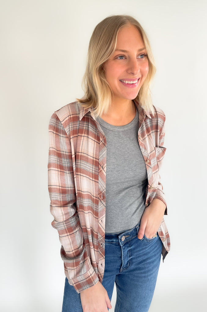beige, pink, brown, and denim plaid flannel with single pocket