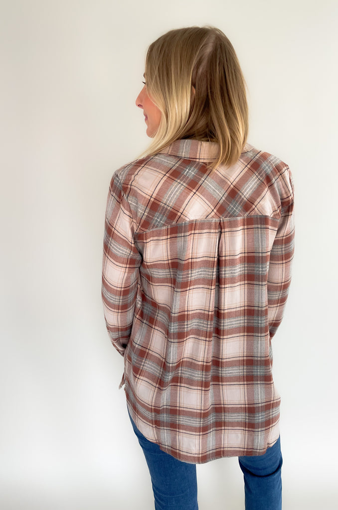 beige, pink, brown, and denim plaid flannel with single pocket