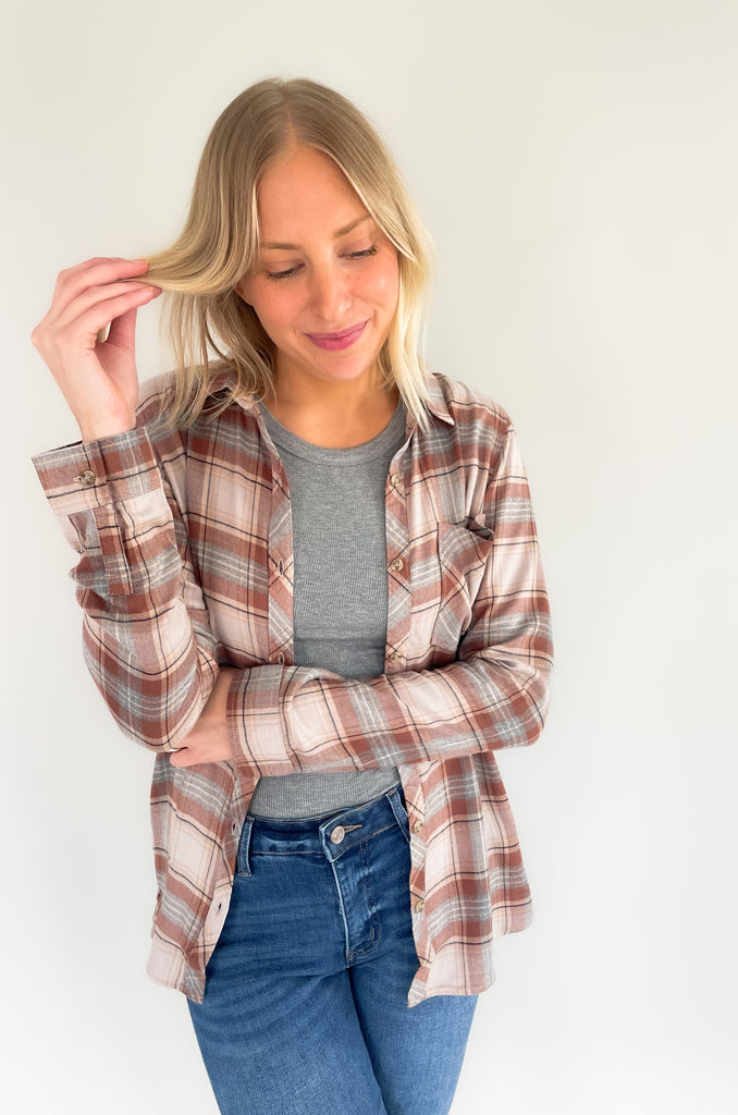 beige, pink, brown, and denim plaid flannel with single pocket