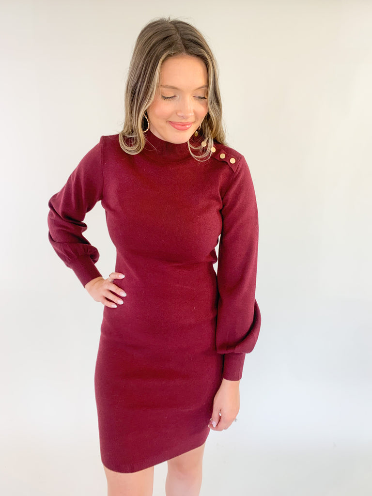 Molly Bracken long sleeve ribbed sweater dress with gold button detail-Availble in chestnut brown and crimson red