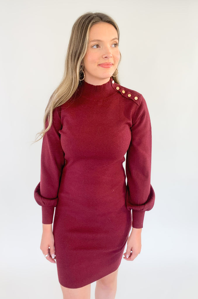 Molly Bracken long sleeve ribbed sweater dress with gold button detail-Availble in chestnut brown and crimson red