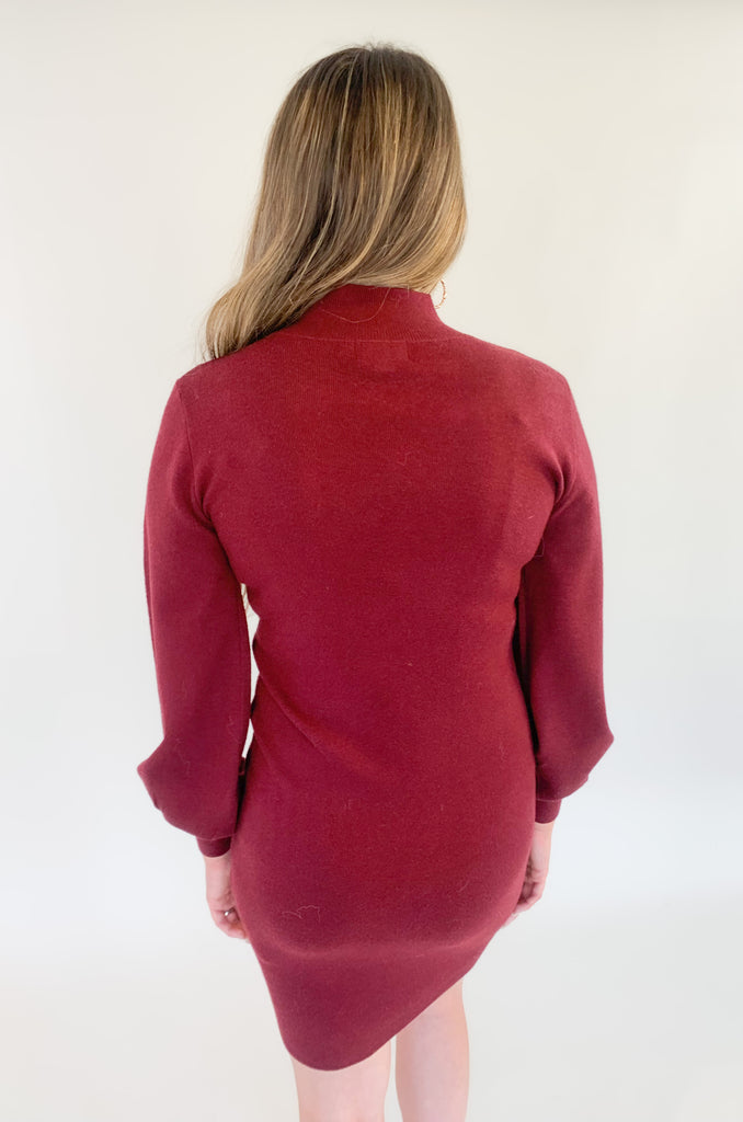 Molly Bracken long sleeve ribbed sweater dress with gold button detail-Availble in chestnut brown and crimson red