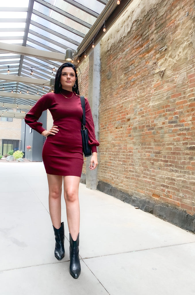 Molly Bracken long sleeve ribbed sweater dress with gold button detail-Availble in chestnut brown and crimson red