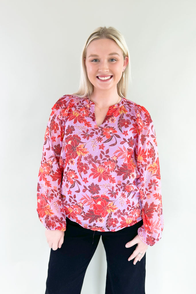 The Lucy Lavender + Plum Floral Blouse is a showstopper! It's made with a gorgeous purple fabric with hints of terracotta in the unique floral print. This blouse can totally be worn throughout several season and be dressed up or down. We had fun pairing it with our new High Rise Crop Wide Leg Jeans.