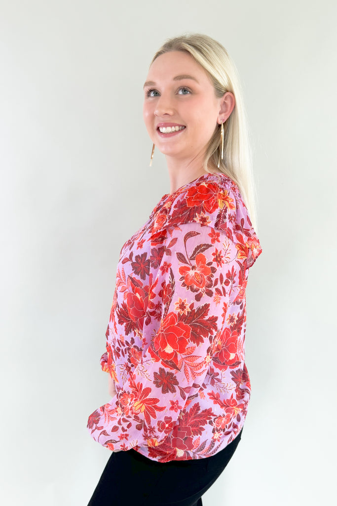 The Lucy Lavender + Plum Floral Blouse is a showstopper! It's made with a gorgeous purple fabric with hints of terracotta in the unique floral print. This blouse can totally be worn throughout several season and be dressed up or down. We had fun pairing it with our new High Rise Crop Wide Leg Jeans.