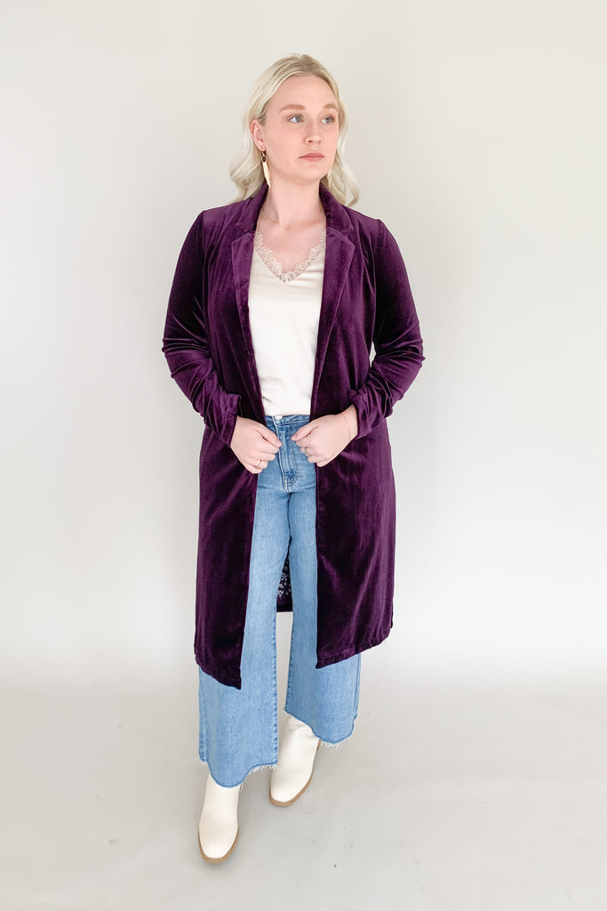 Skies are blue long velvet duster with lapel collar and gorgeous floral satin lining. Available in terracotta, magenta, purple, and teal