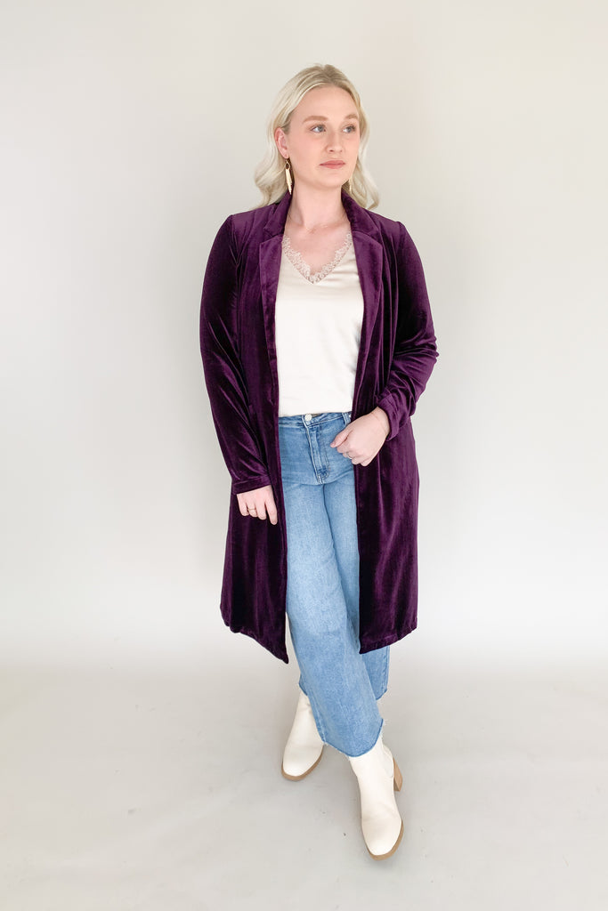 Skies are blue long velvet duster with lapel collar and gorgeous floral satin lining. Available in terracotta, magenta, purple, and teal