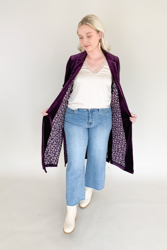 Skies are blue long velvet duster with lapel collar and gorgeous floral satin lining. Available in terracotta, magenta, purple, and teal
