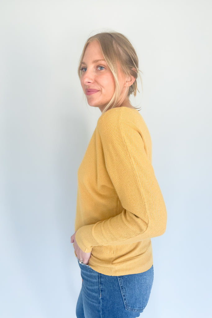 This Mustard Boat Neck Ribbed Sweater is perfect for any season! Made from an ultra soft, stretchy and lightweight fabric with a waffle texture for extra coziness, this sweater will quickly become your favorite go-to piece. 