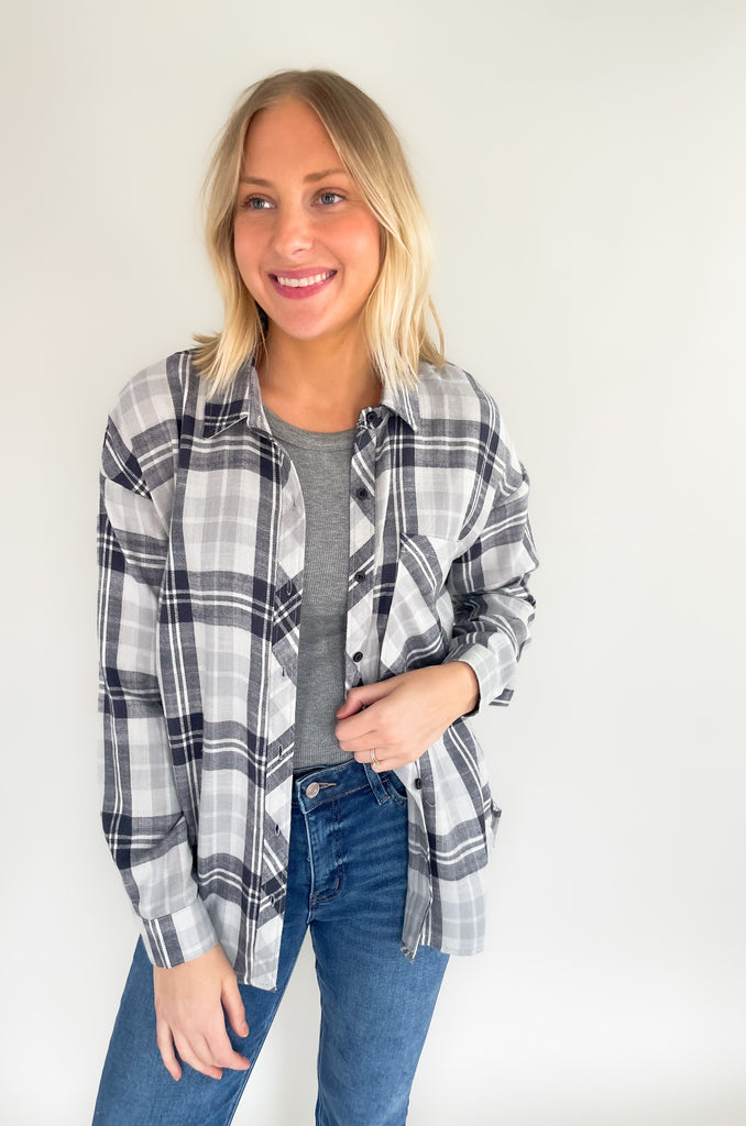 slightly oversized grey and navy flannel with single breast pocket