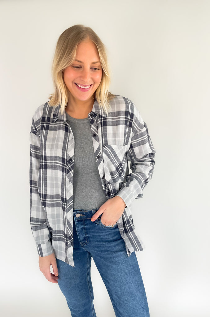slightly oversized grey and navy flannel with single breast pocket