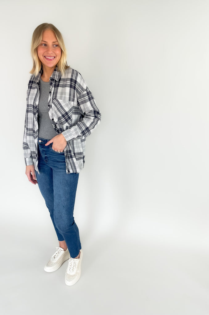 slightly oversized grey and navy flannel with single breast pocket