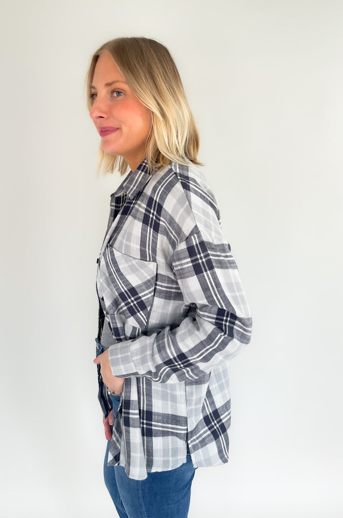slightly oversized grey and navy flannel with single breast pocket