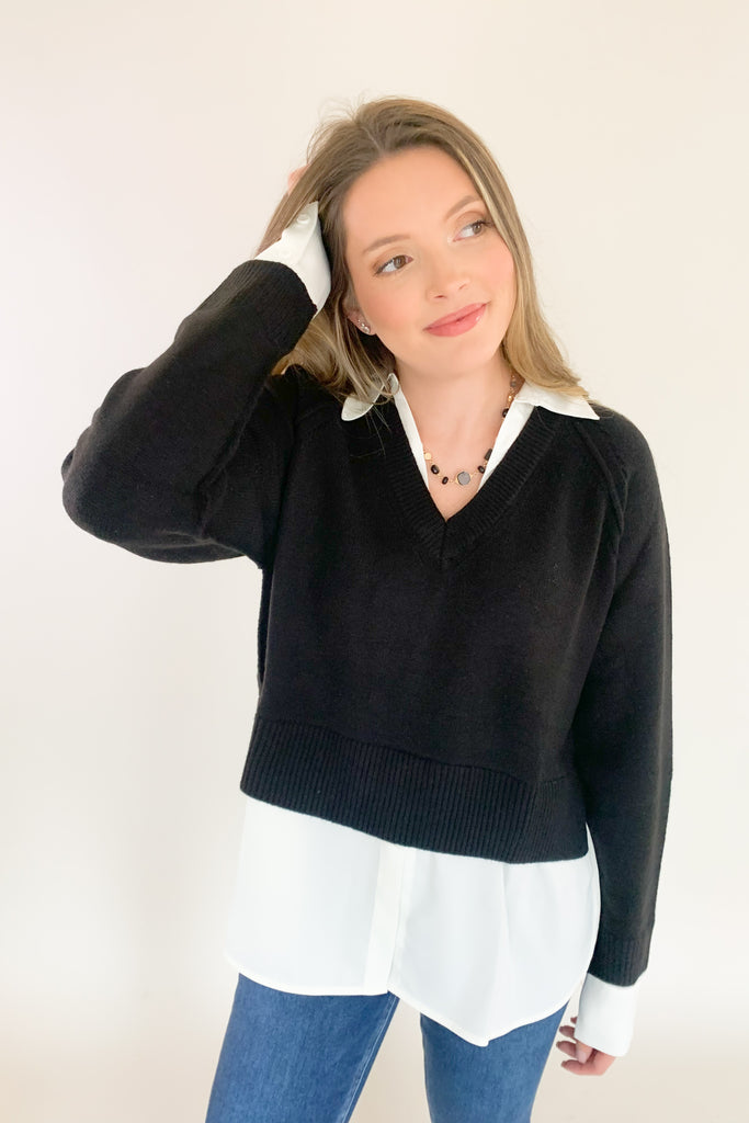 Stay stylish when the weather cools down with the Elan Nine Sweater and Long Sleeve Shirt Combo! This unique one-piece is made of knit fabric to keep you warm and comfortable, while featuring a flattering satin blouse underneath. You get that layered look without the bulk! The fabrics are extremely elevated too, making this piece a closet staple for years to come. 