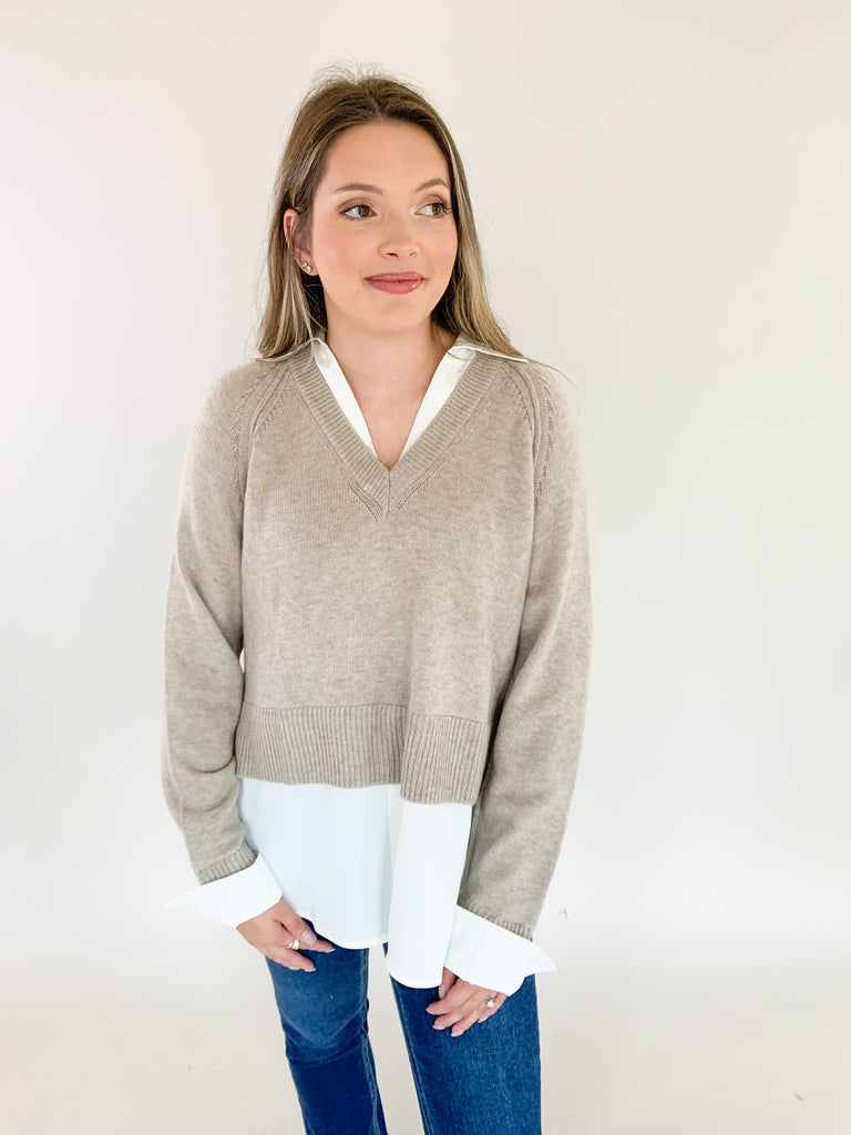 Stay stylish when the weather cools down with the Elan Nine Sweater and Long Sleeve Shirt Combo! This unique one-piece is made of knit fabric to keep you warm and comfortable, while featuring a flattering satin blouse underneath. You get that layered look without the bulk! The fabrics are extremely elevated too, making this piece a closet staple for years to come. 