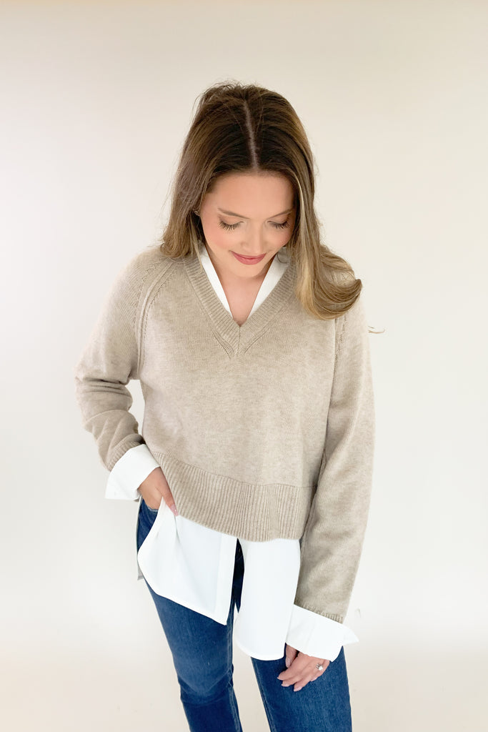 Stay stylish when the weather cools down with the Elan Nine Sweater and Long Sleeve Shirt Combo! This unique one-piece is made of knit fabric to keep you warm and comfortable, while featuring a flattering satin blouse underneath. You get that layered look without the bulk! The fabrics are extremely elevated too, making this piece a closet staple for years to come. 