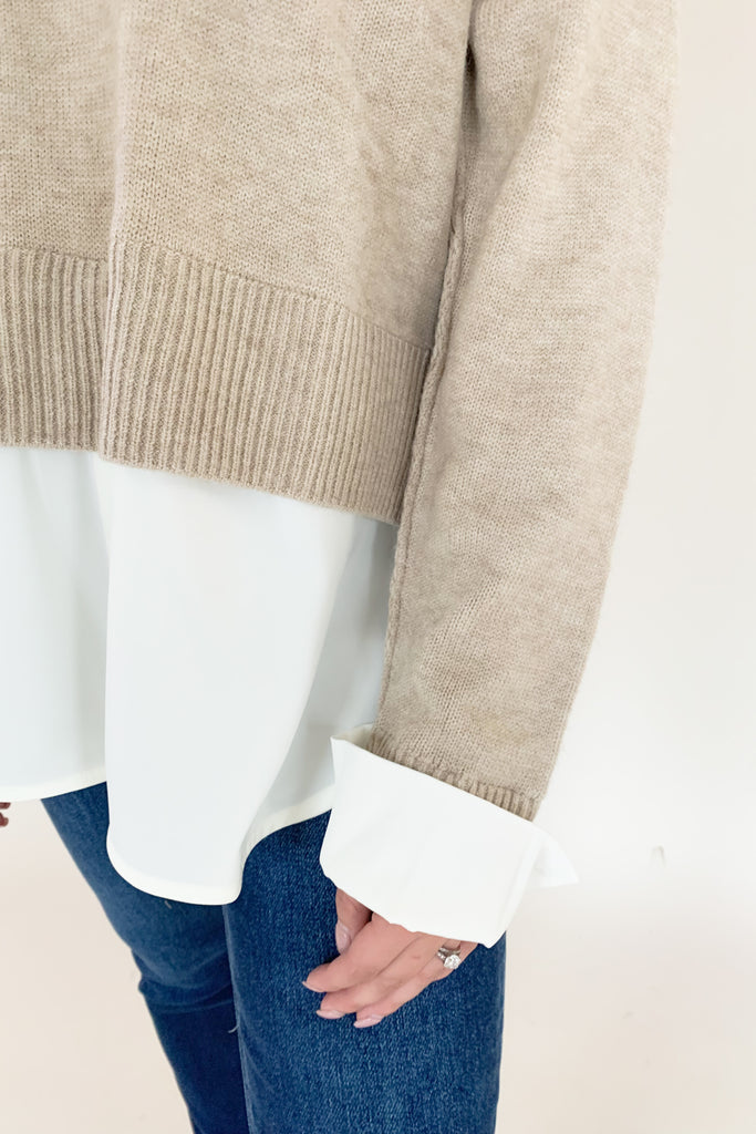 Stay stylish when the weather cools down with the Elan Nine Sweater and Long Sleeve Shirt Combo! This unique one-piece is made of knit fabric to keep you warm and comfortable, while featuring a flattering satin blouse underneath. You get that layered look without the bulk! The fabrics are extremely elevated too, making this piece a closet staple for years to come. 