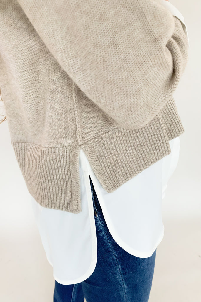 Stay stylish when the weather cools down with the Elan Nine Sweater and Long Sleeve Shirt Combo! This unique one-piece is made of knit fabric to keep you warm and comfortable, while featuring a flattering satin blouse underneath. You get that layered look without the bulk! The fabrics are extremely elevated too, making this piece a closet staple for years to come. 