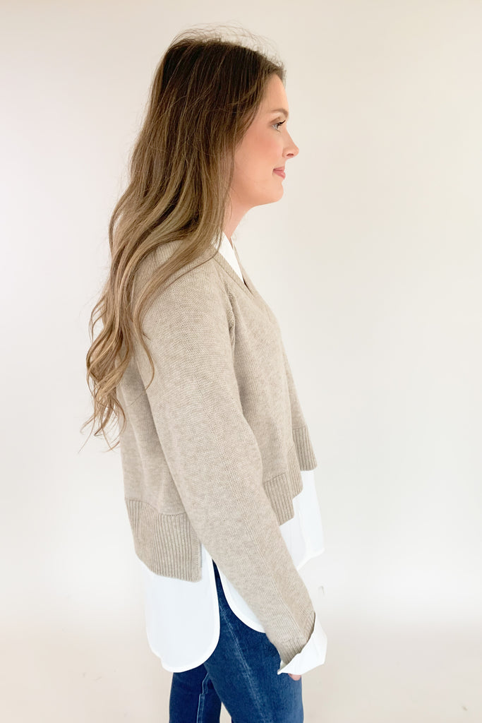 Stay stylish when the weather cools down with the Elan Nine Sweater and Long Sleeve Shirt Combo! This unique one-piece is made of knit fabric to keep you warm and comfortable, while featuring a flattering satin blouse underneath. You get that layered look without the bulk! The fabrics are extremely elevated too, making this piece a closet staple for years to come. 