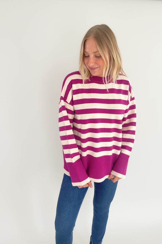 Stay cozy and stylish in this Oversized Stripe Print Crewneck Sweater! Featuring an eye-catching pink and ivory or navy and ivory striped print, it will be a favorite for fall. Color isn't going anywhere, so we love that this style embraces it. This sweater has large ribbed hem and cuff sleeves for extra warmth. 