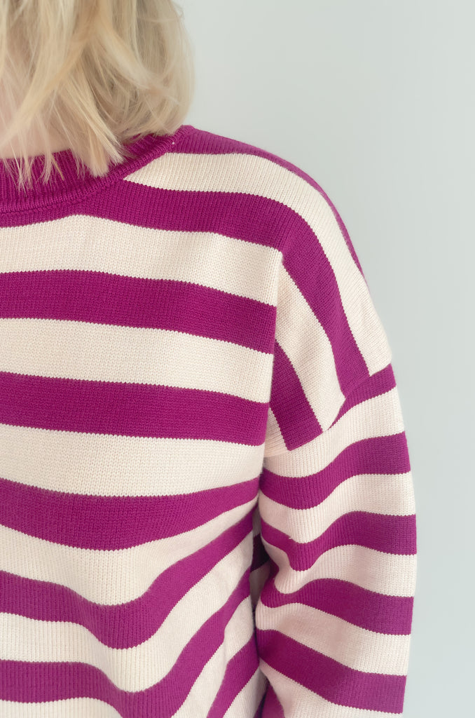 Stay cozy and stylish in this Oversized Stripe Print Crewneck Sweater! Featuring an eye-catching pink and ivory or navy and ivory striped print, it will be a favorite for fall. Color isn't going anywhere, so we love that this style embraces it. This sweater has large ribbed hem and cuff sleeves for extra warmth. 