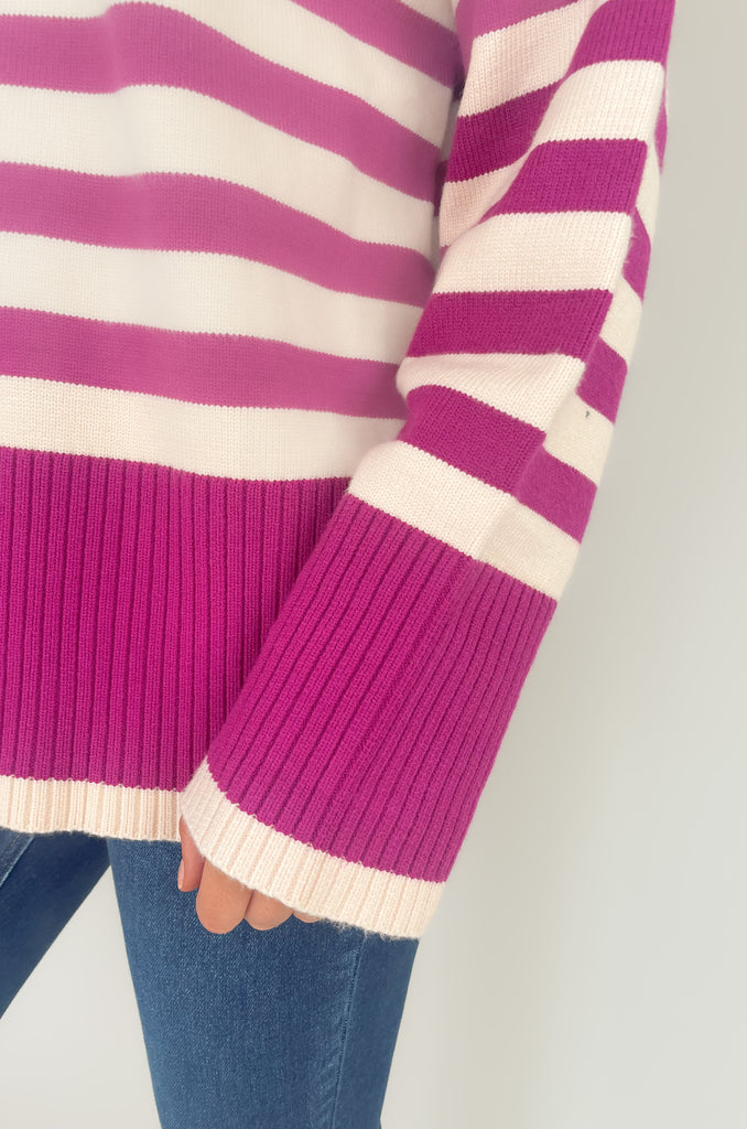 Stay cozy and stylish in this Oversized Stripe Print Crewneck Sweater! Featuring an eye-catching pink and ivory or navy and ivory striped print, it will be a favorite for fall. Color isn't going anywhere, so we love that this style embraces it. This sweater has large ribbed hem and cuff sleeves for extra warmth. 