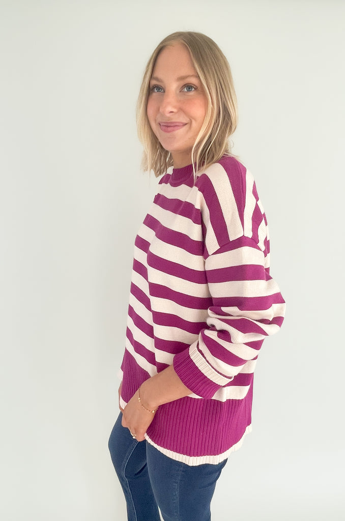 Stay cozy and stylish in this Oversized Stripe Print Crewneck Sweater! Featuring an eye-catching pink and ivory or navy and ivory striped print, it will be a favorite for fall. Color isn't going anywhere, so we love that this style embraces it. This sweater has large ribbed hem and cuff sleeves for extra warmth. 