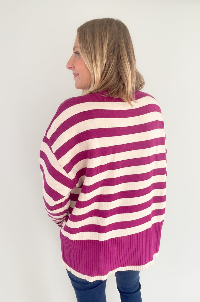 Stay cozy and stylish in this Oversized Stripe Print Crewneck Sweater! Featuring an eye-catching pink and ivory or navy and ivory striped print, it will be a favorite for fall. Color isn't going anywhere, so we love that this style embraces it. This sweater has large ribbed hem and cuff sleeves for extra warmth. 