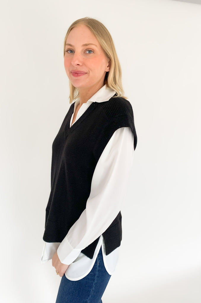 Stay stylish when the weather cools down with the Elan Geist Black Sweater Vest & Layered Blouse! This unique one-piece is made of knit fabric to keep you warm and comfortable, while featuring a flattering satin blouse underneath.