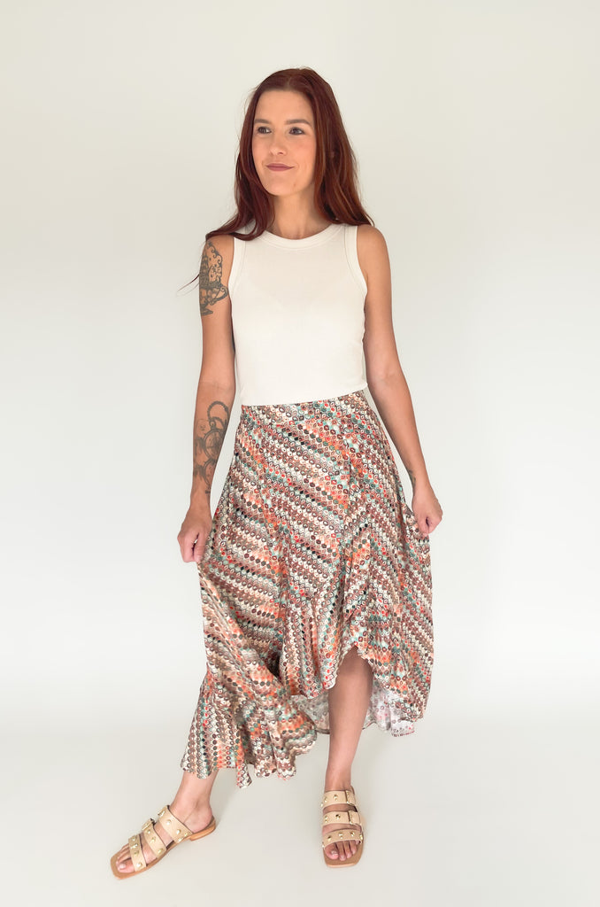 multi print elastic waist skirt with ruffle detail and side slit