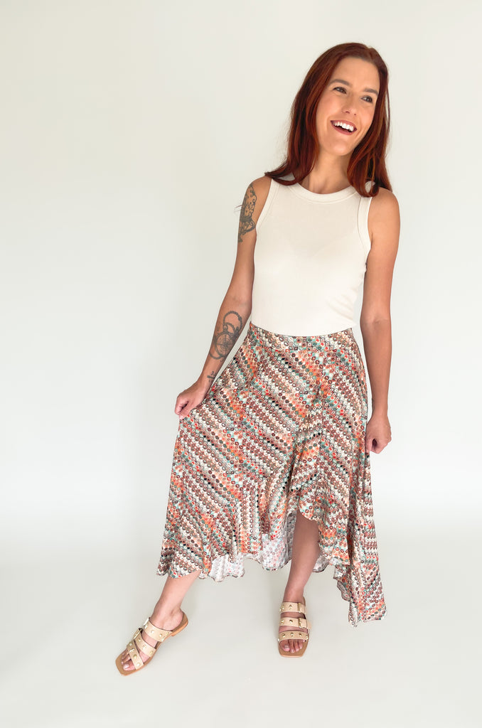 multi print elastic waist skirt with ruffle detail and side slit