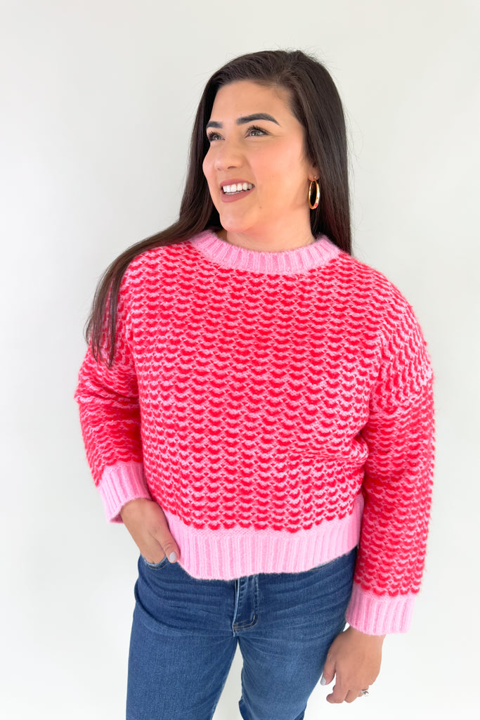 Stay warm and stylish in this eye-catching Pink & Red Cropped Sweater. Red and pink yarns are woven together, creating a distinctive design that'll brighten any look. Perfect for keeping cozy and making a statement this holiday season. Plus this style is extremely comfortable and cozy too. 
