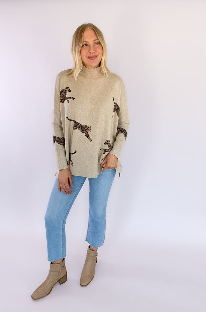 The Printed Cheetah Oversized Sweater is cute, comfortable, and amazing for on-the-go! Although it looks so fun, you wouldn't believe how comfortable this style is too. It's incredibly soft, stretchy, and has side slits (perfect for leggings)! Choose between to great colors to complete your look. 
