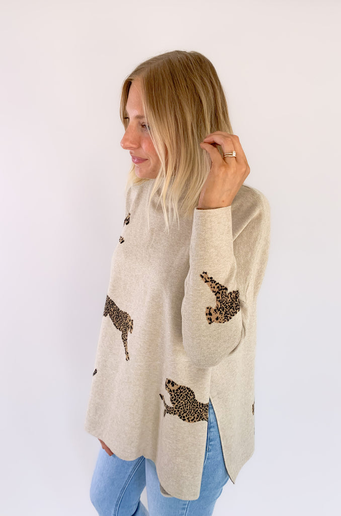 The Printed Cheetah Oversized Sweater is cute, comfortable, and amazing for on-the-go! Although it looks so fun, you wouldn't believe how comfortable this style is too. It's incredibly soft, stretchy, and has side slits (perfect for leggings)! Choose between to great colors to complete your look. 
