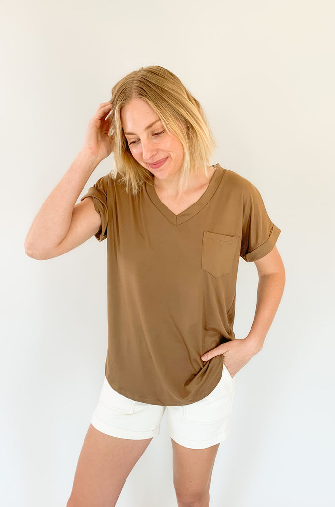 ultra soft short cuffed sleeve v neck pocket tee with stretchy fabric. Available in several colors. 