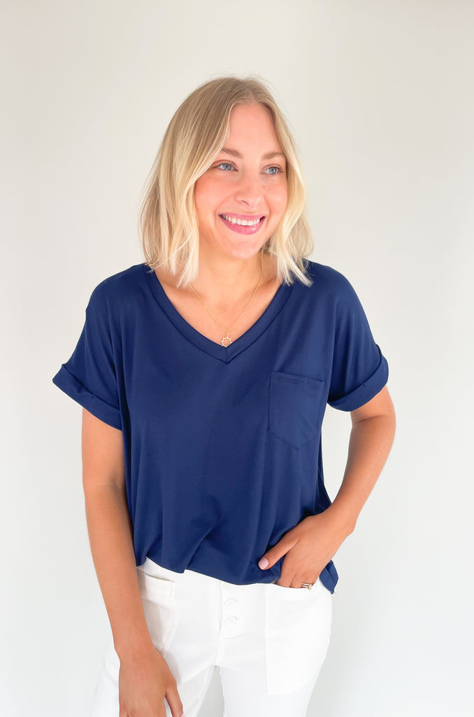 ultra soft short cuffed sleeve v neck pocket tee with stretchy fabric. Available in several colors. 