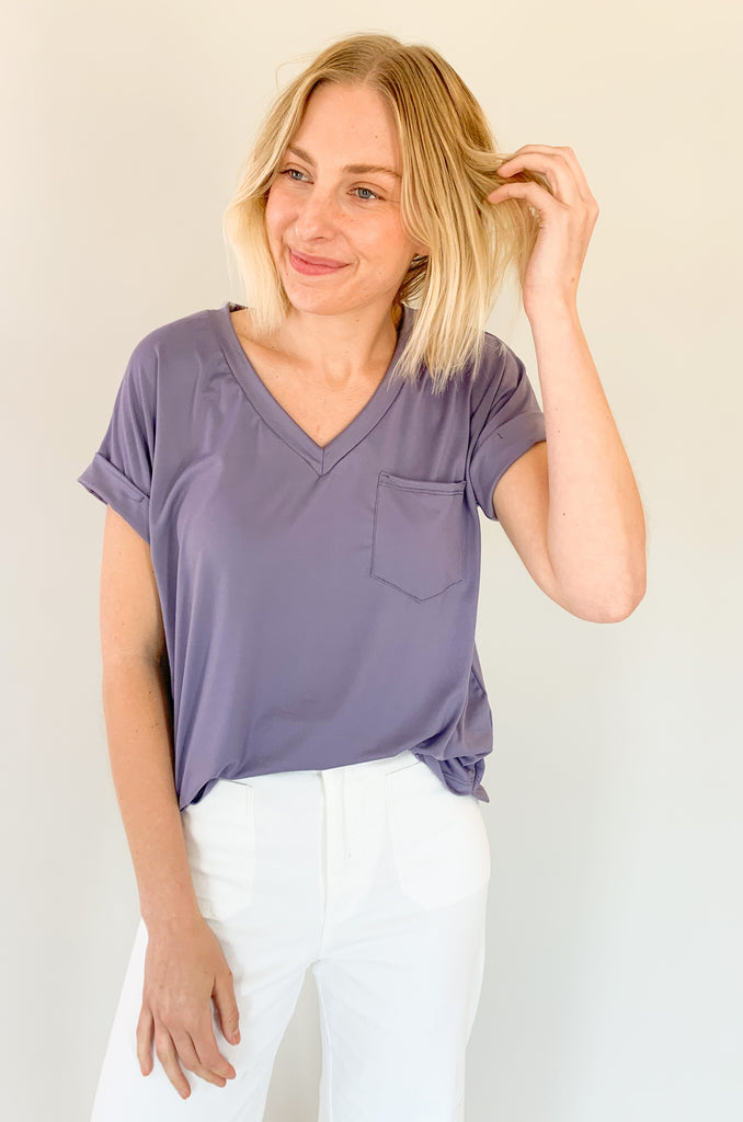 ultra soft short cuffed sleeve v neck pocket tee with stretchy fabric. Available in several colors. 