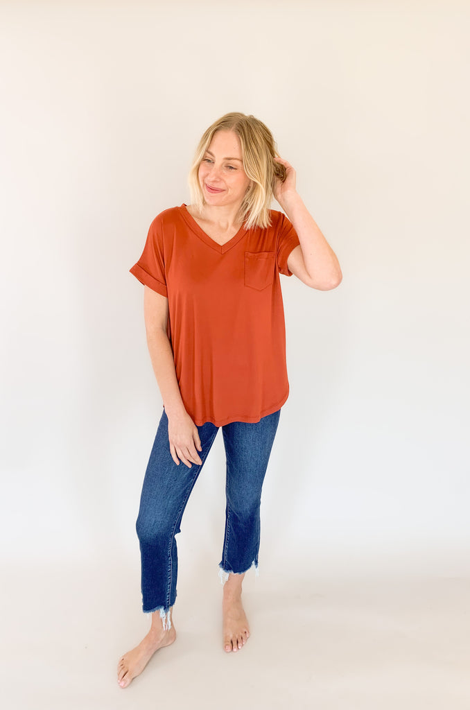 ultra soft short cuffed sleeve v neck pocket tee with stretchy fabric. Available in several colors. 