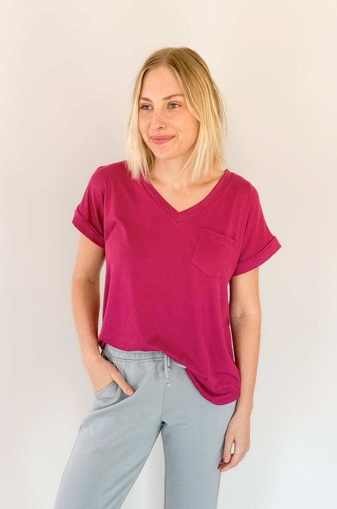 ultra soft short cuffed sleeve v neck pocket tee with stretchy fabric. Available in several colors. 