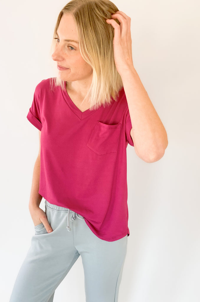 ultra soft short cuffed sleeve v neck pocket tee with stretchy fabric. Available in several colors. 