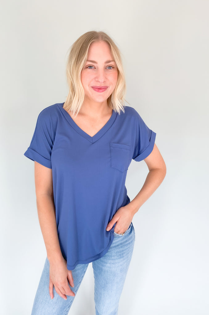 The Scout V Neck Pocket Tee- it's a BESTSELLER for a reason! You can wear it on its own or layer it under jackets all year long. The fabric feels like a dream, buttery soft and elevated. We styled this tee several ways to show how versatile it is too.