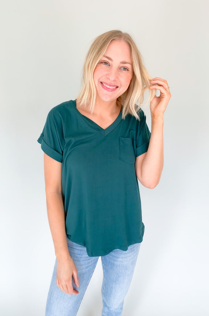 ultra soft short cuffed sleeve v neck pocket tee with stretchy fabric. Available in several colors. 